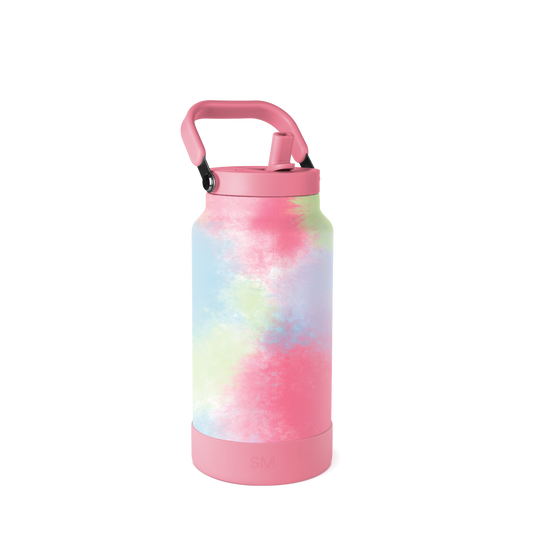 Pastel tie-dye insulated water bottle with soft pink, yellow, blue, and lavender pattern on white background