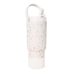 Cream-colored water bottle with multicolored speckled pattern including coral red, pink, teal, sage green, and muted orange accents.