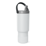 White cooler with gray lid and carrying handle, featuring a spout area, displayed against a plain background
