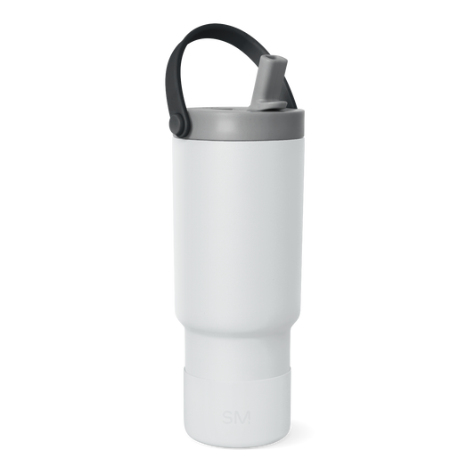 White cooler with gray lid and carrying handle, featuring a spout area, displayed against a plain background