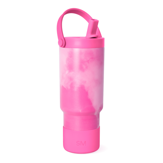 Hot pink and magenta water bottle with white accents and lighter pink upper portion