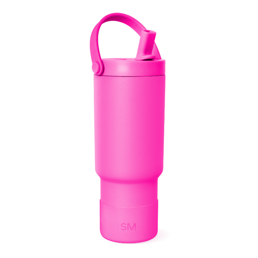 Vibrant hot pink insulated bottle with smooth surface finish, full view of cylindrical drinkware product against white background.