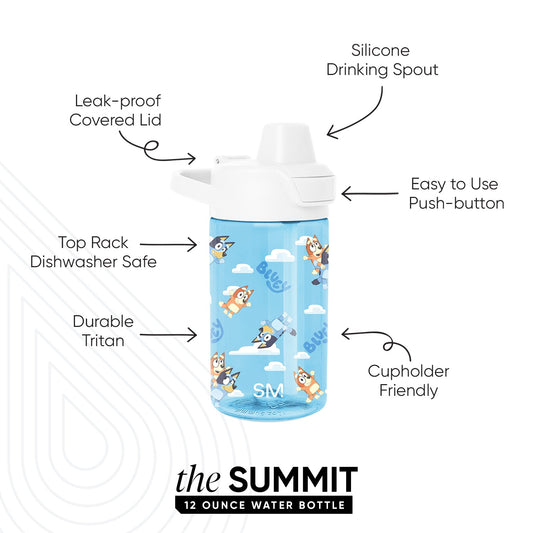 Sky blue 12-ounce Simple Modern Summit water bottle with white leak-proof lid, push-button spout, and illustrated cartoon characters. Feature callouts highlight dishwasher safe, durable Tritan, and cupholder friendly design.