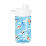 Sky blue Simple Modern water bottle with white flip-top lid and dual handles, featuring Bluey cartoon characters in orange and blue among white clouds, set against white background.