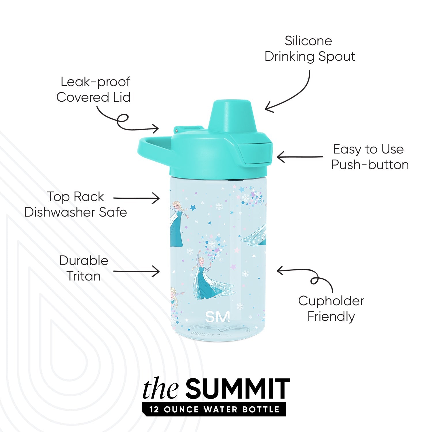 Light blue insulated water bottle with turquoise lid and spout on soft blue background