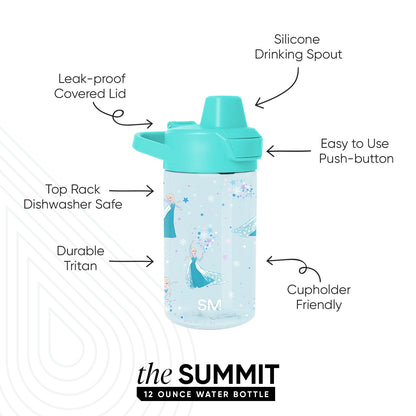 Light blue insulated water bottle with turquoise lid and spout on soft blue background