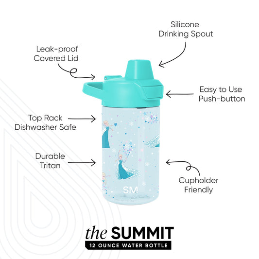 Light blue insulated water bottle with turquoise lid and spout on soft blue background
