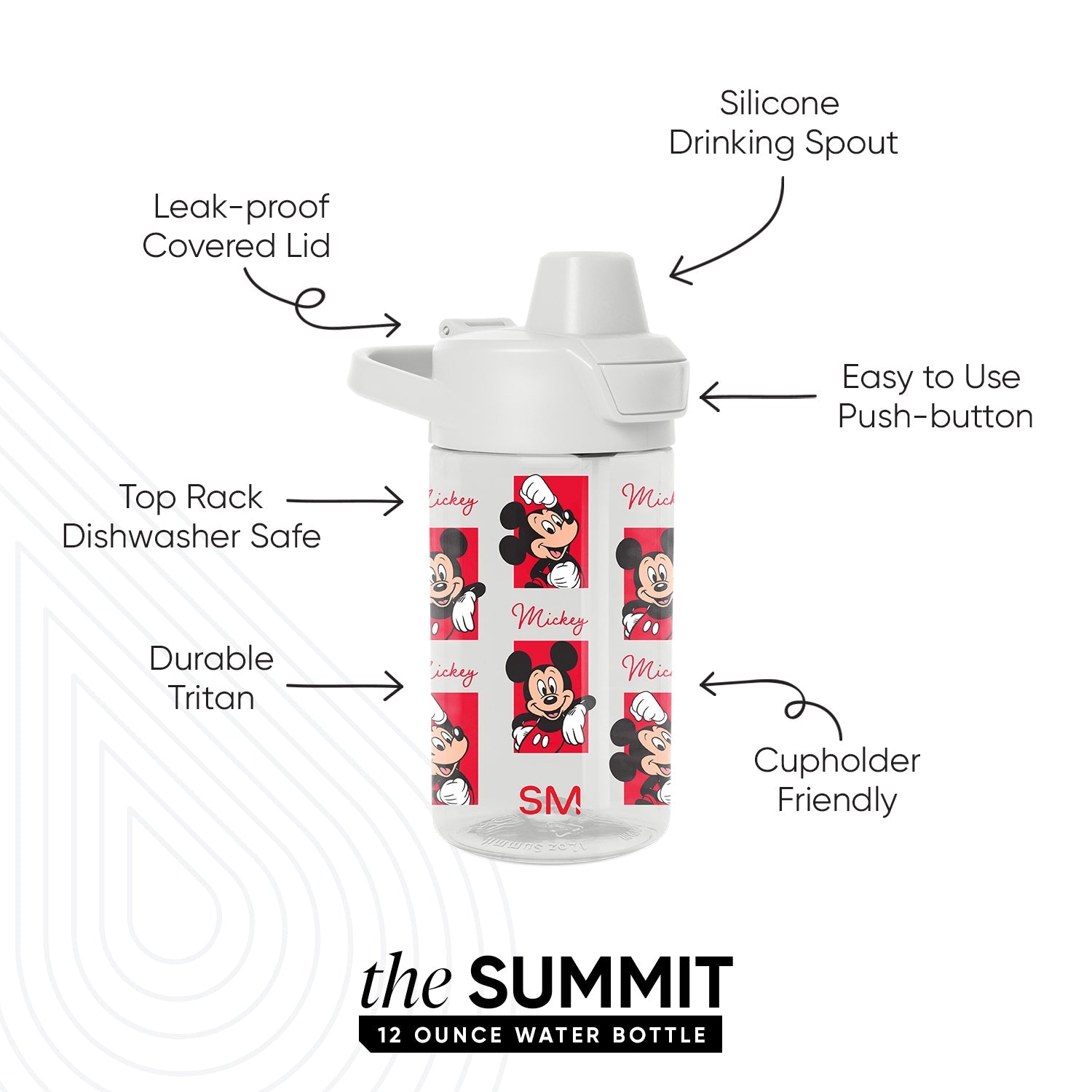 White water bottle with red and black Mickey Mouse design panels on white background