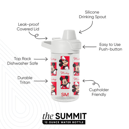 White water bottle with red and black Mickey Mouse design panels on white background