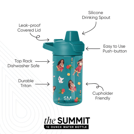 Teal water bottle with lid and warm-colored illustrated design accents