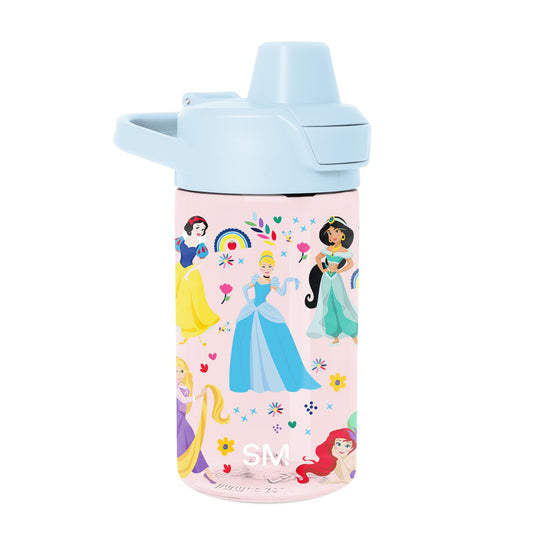 Light blue lid and spout on pale pink cylindrical water bottle with colorful printed graphics featuring bright yellow accents