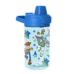 Water bottle with bright blue lid and handle on pale aqua body with multiple accent colors