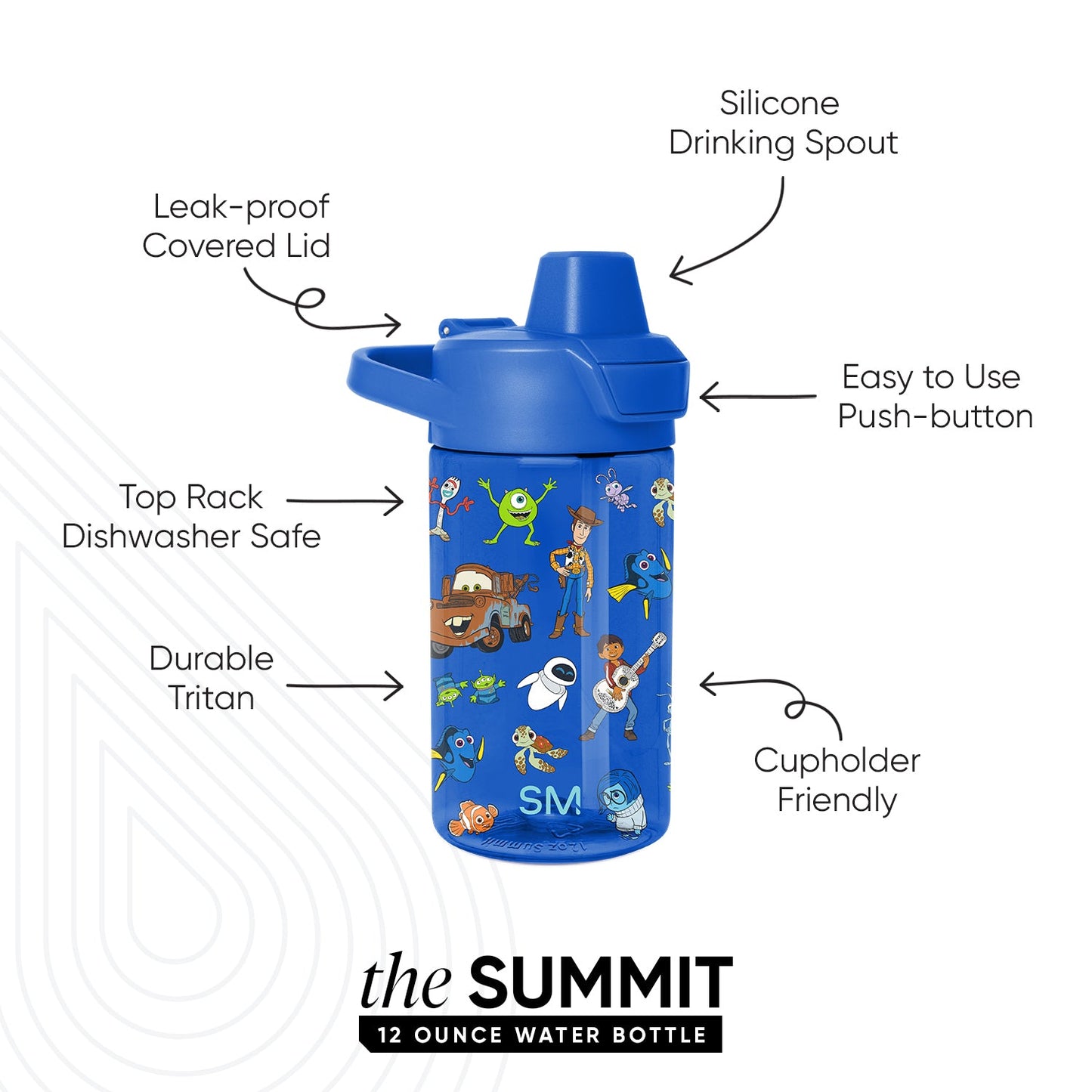 Cobalt blue water bottle with colorful character illustrations on the surface