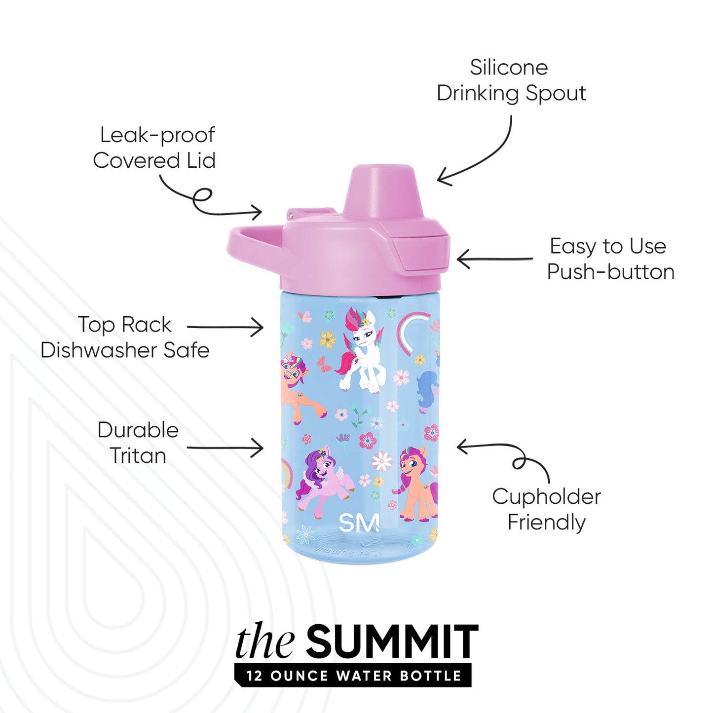 Light blue water bottle with bright pink lid and spout, featuring colorful printed design accents
