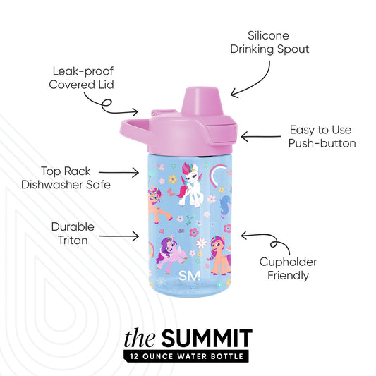 Light blue water bottle with bright pink lid and spout, featuring colorful printed design accents