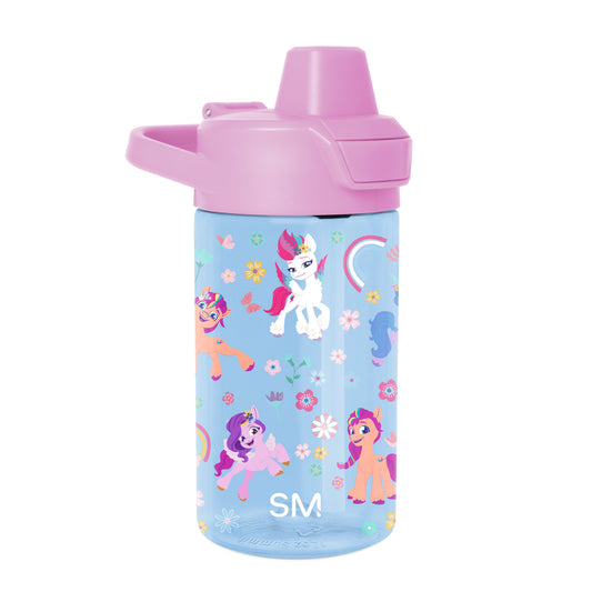 Periwinkle blue water bottle with vibrant pink cap, featuring hot pink and coral orange accents
