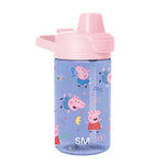 Periwinkle blue water bottle with soft pink cap, spout, and carrying handle featuring colorful accents throughout the design.