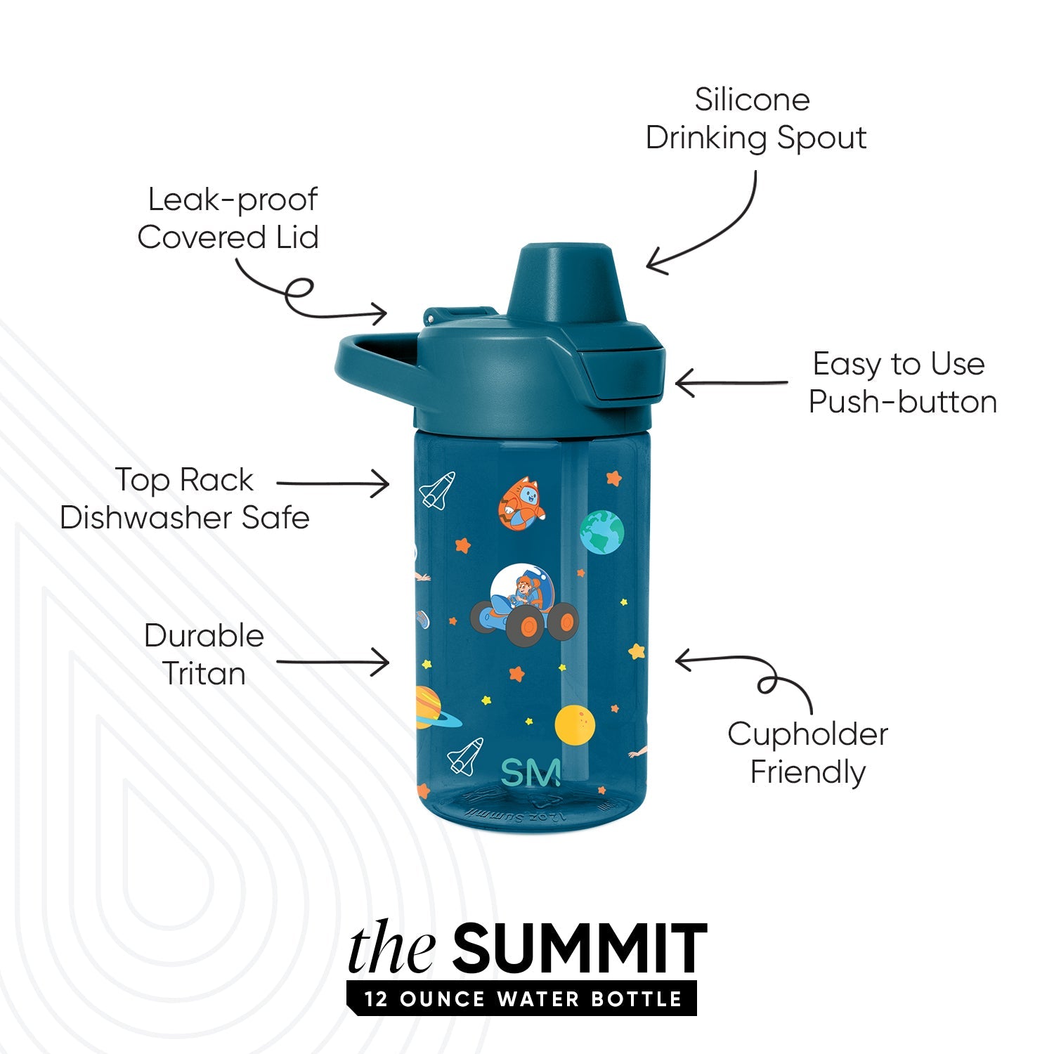 Deep teal water bottle with colorful space-themed graphics in orange, green, yellow, and cream white accents