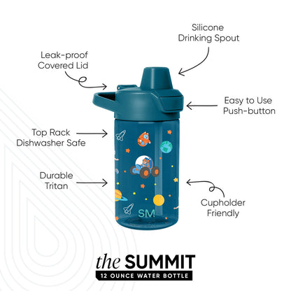 Deep teal water bottle with colorful space-themed graphics in orange, green, yellow, and cream white accents