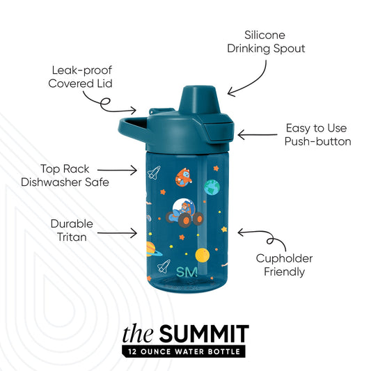 Deep teal water bottle with colorful space-themed graphics in orange, green, yellow, and cream white accents
