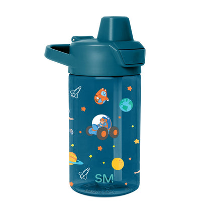 Teal water bottle with bright orange and yellow illustrated pattern accents