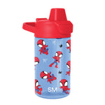 Bright periwinkle blue water bottle with red lid and spout, decorated with Spider-Man characters