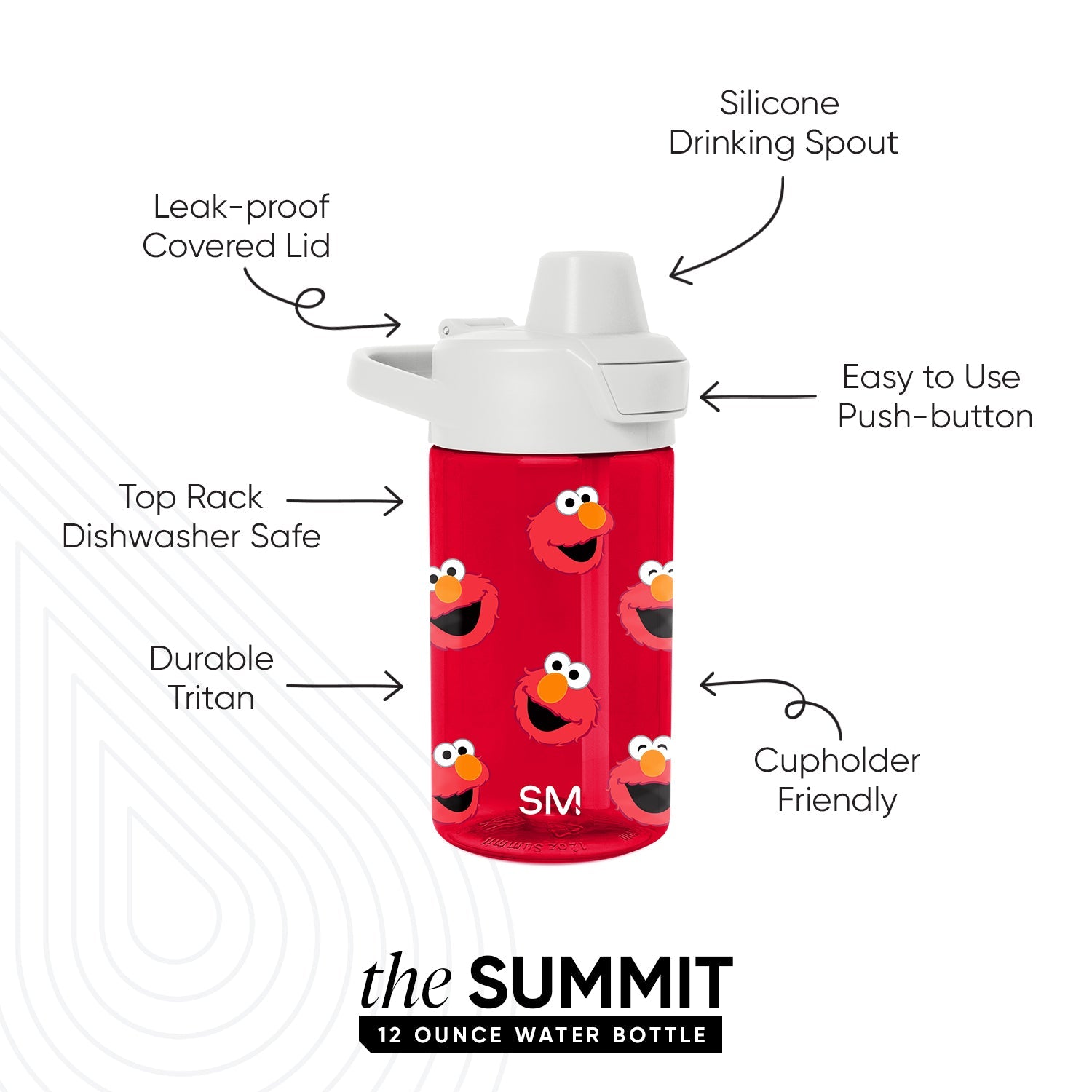 Bright red water bottle with white lid and spout assembly, featuring character illustrations