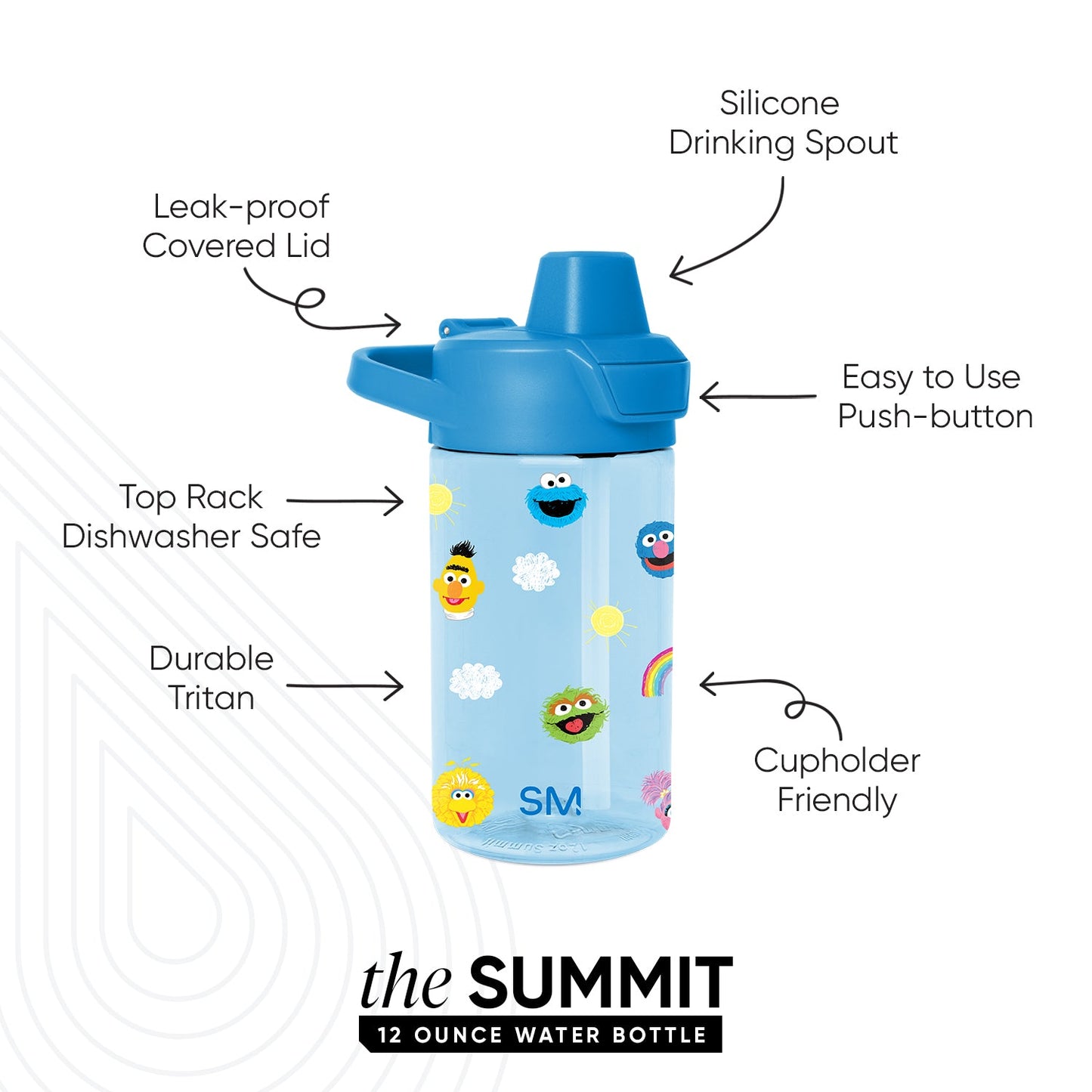 Light blue Sesame Street water bottle with darker blue lid and spout, featuring colorful character accents on the body.