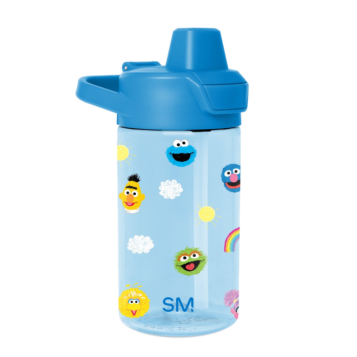 Light blue water bottle with matching lid, handle loop, and drinking spout with cap, centered on white background.
