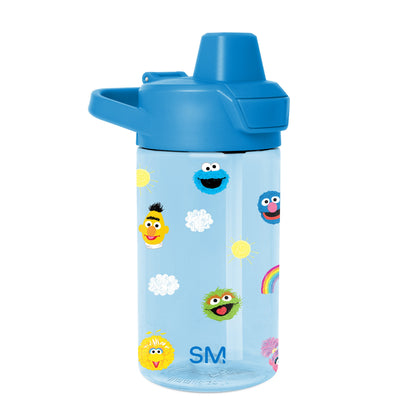Light blue water bottle with matching lid, handle loop, and drinking spout with cap, centered on white background.