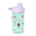 Mint green water bottle with lavender lid and spout, featuring white illustrated design accents