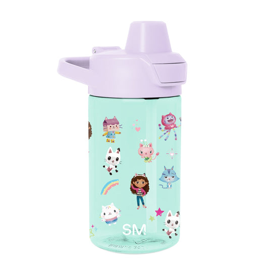 Mint green water bottle with lavender lid and spout, featuring white illustrated design accents