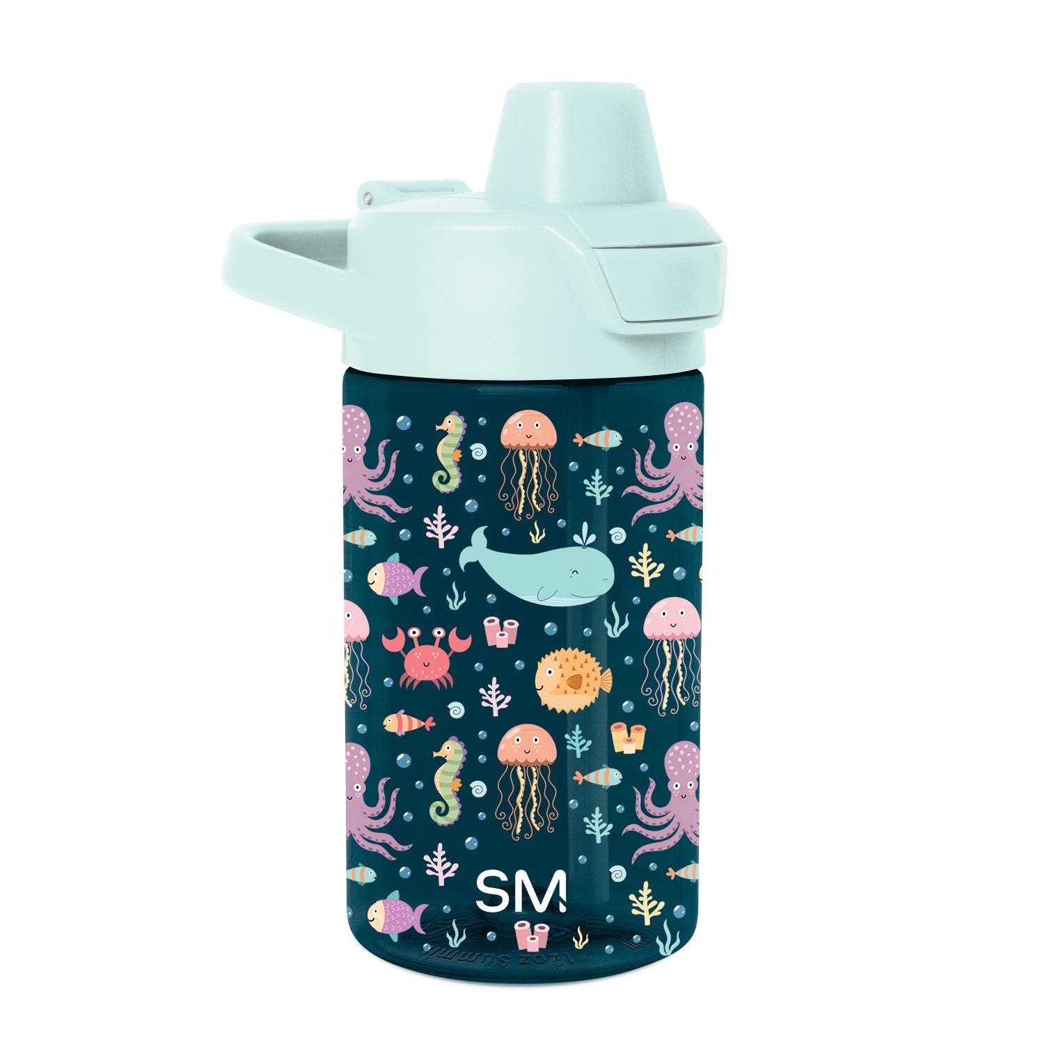 Deep teal water bottle with light mint green cap and spout assembly, featuring graphic design on body