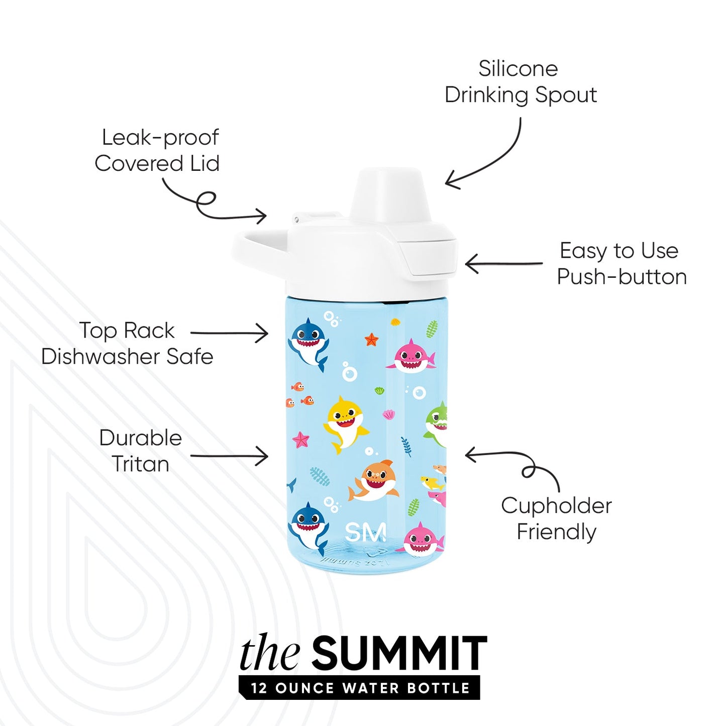 Light blue water bottle with colorful graphic designs on light blue background