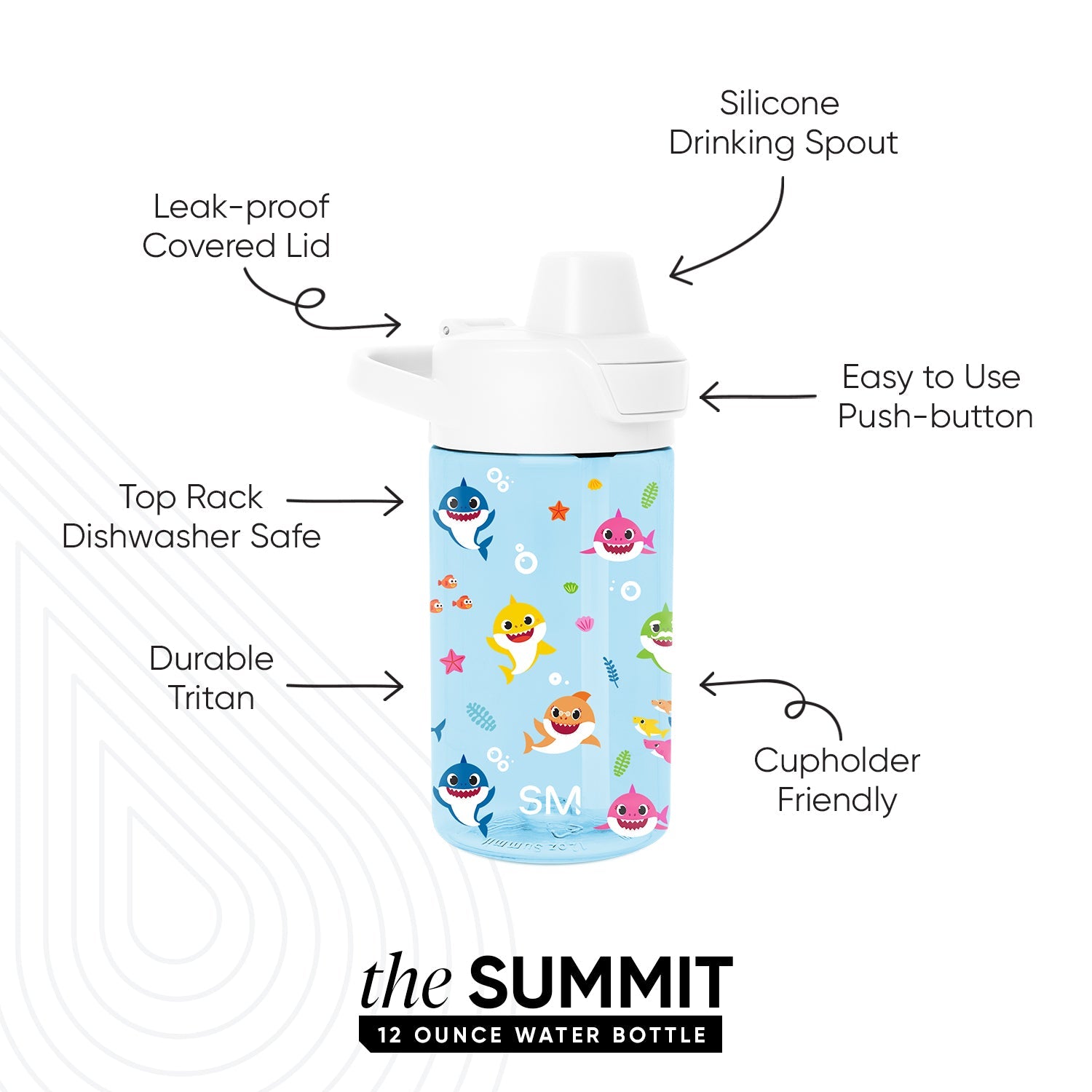 Light blue water bottle with colorful graphic designs on light blue background