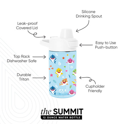 Light blue water bottle with colorful graphic designs on light blue background