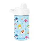 Light blue cylindrical water bottle with white spill-proof cap featuring a handle and push-button mechanism