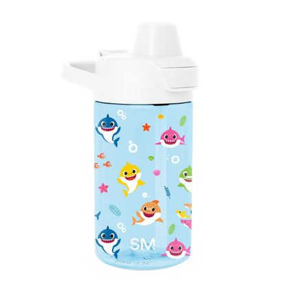 Light blue cylindrical water bottle with white spill-proof cap featuring a handle and push-button mechanism