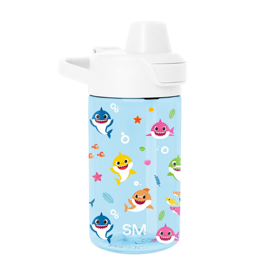 Light blue cylindrical water bottle with white spill-proof cap featuring a handle and push-button mechanism
