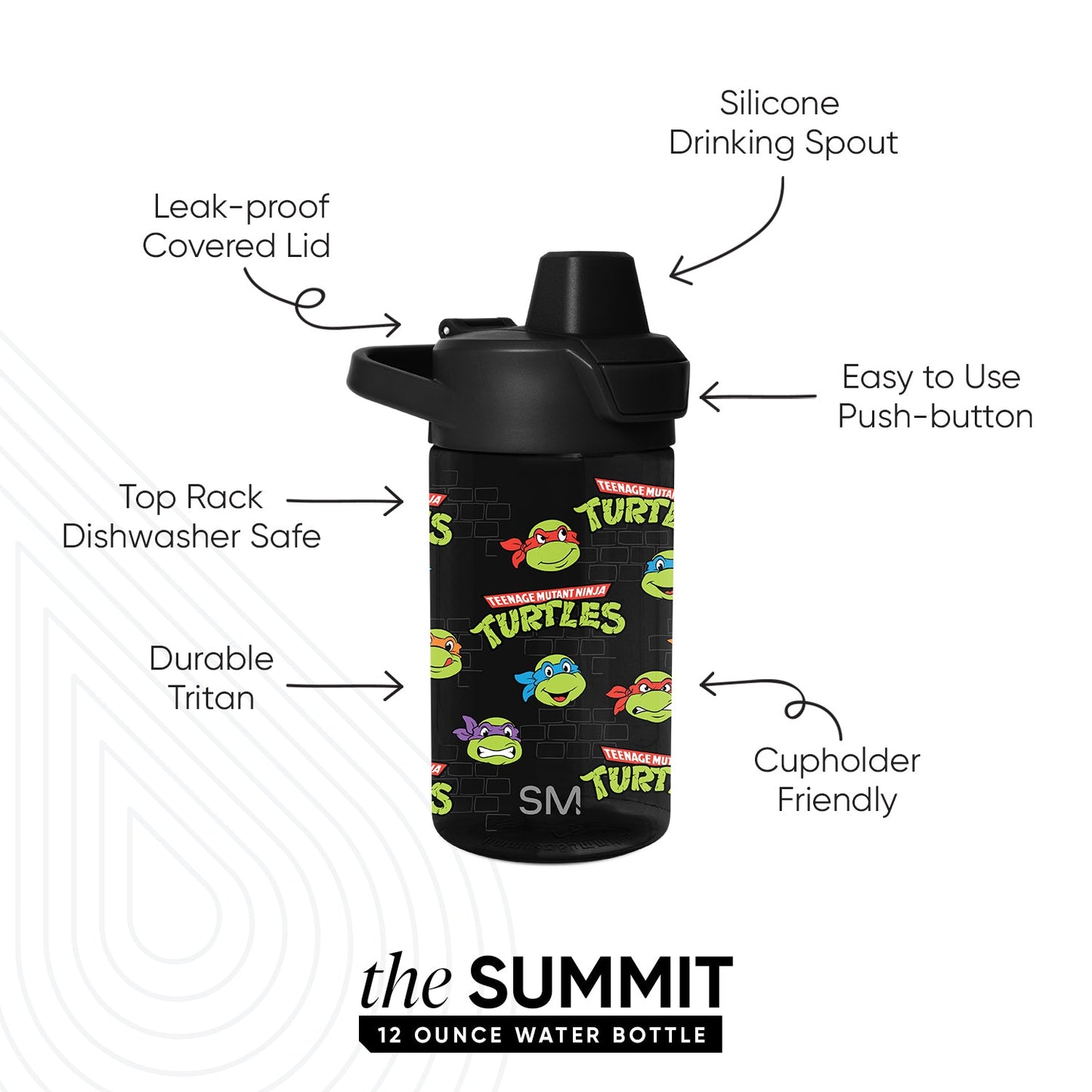 Black water bottle with lime green, bright blue, orange, and red TMNT-inspired color accents on lid and body