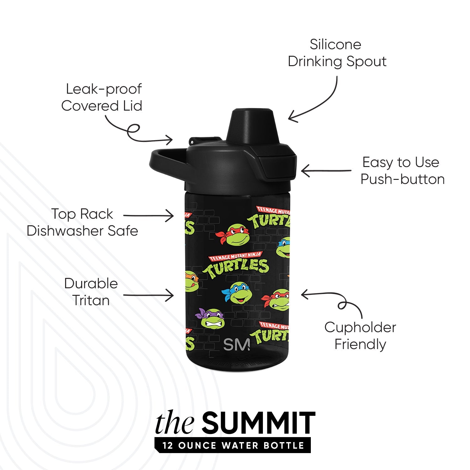 Black water bottle with lime green, bright blue, orange, and red TMNT-inspired color accents on lid and body