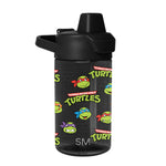 Black water bottle with lime green and vibrant red, blue, and purple accents on white background