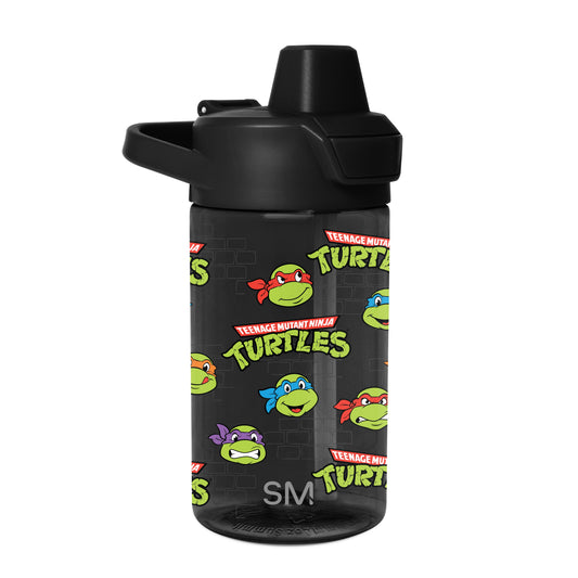 Black water bottle with lime green and vibrant red, blue, and purple accents on white background