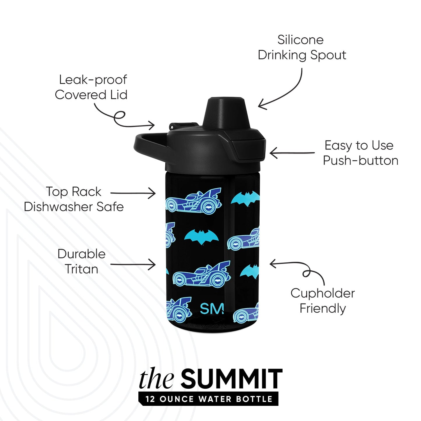 Black water bottle with cyan blue and white graphic design details and SM logo on bold black background