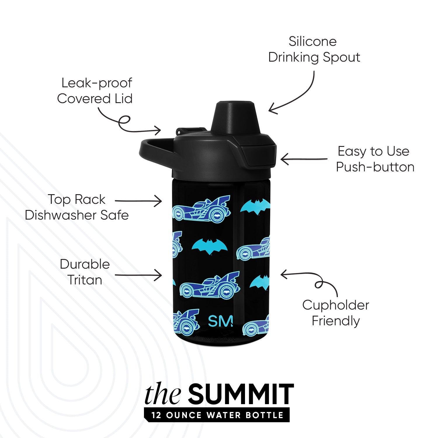 Black water bottle with cyan blue and white graphic design details and SM logo on bold black background
