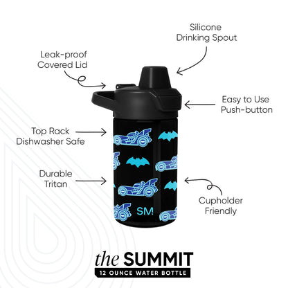 Black water bottle with cyan blue and white graphic design details and SM logo on bold black background