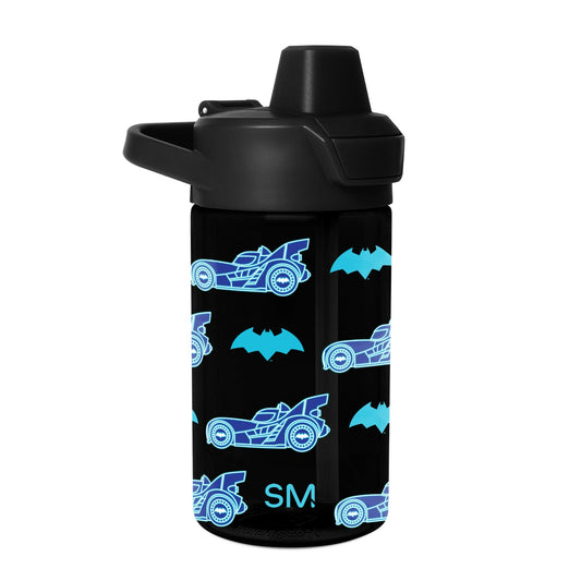 Black water bottle with bright cyan and electric blue neon-style graphics and solid matte black cap and lid