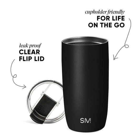 Matte black insulated tumbler with flip lid, featuring cool gray and white accents, displayed against a neutral background