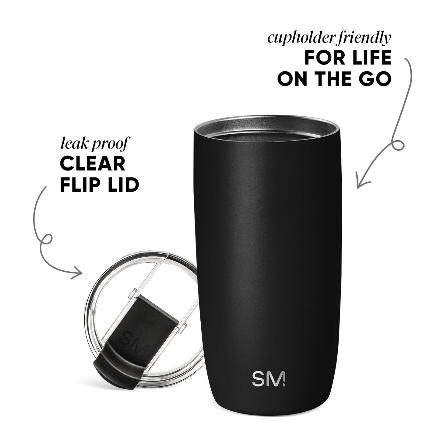 Matte black insulated tumbler with flip lid, featuring cool gray and white accents, displayed against a neutral background