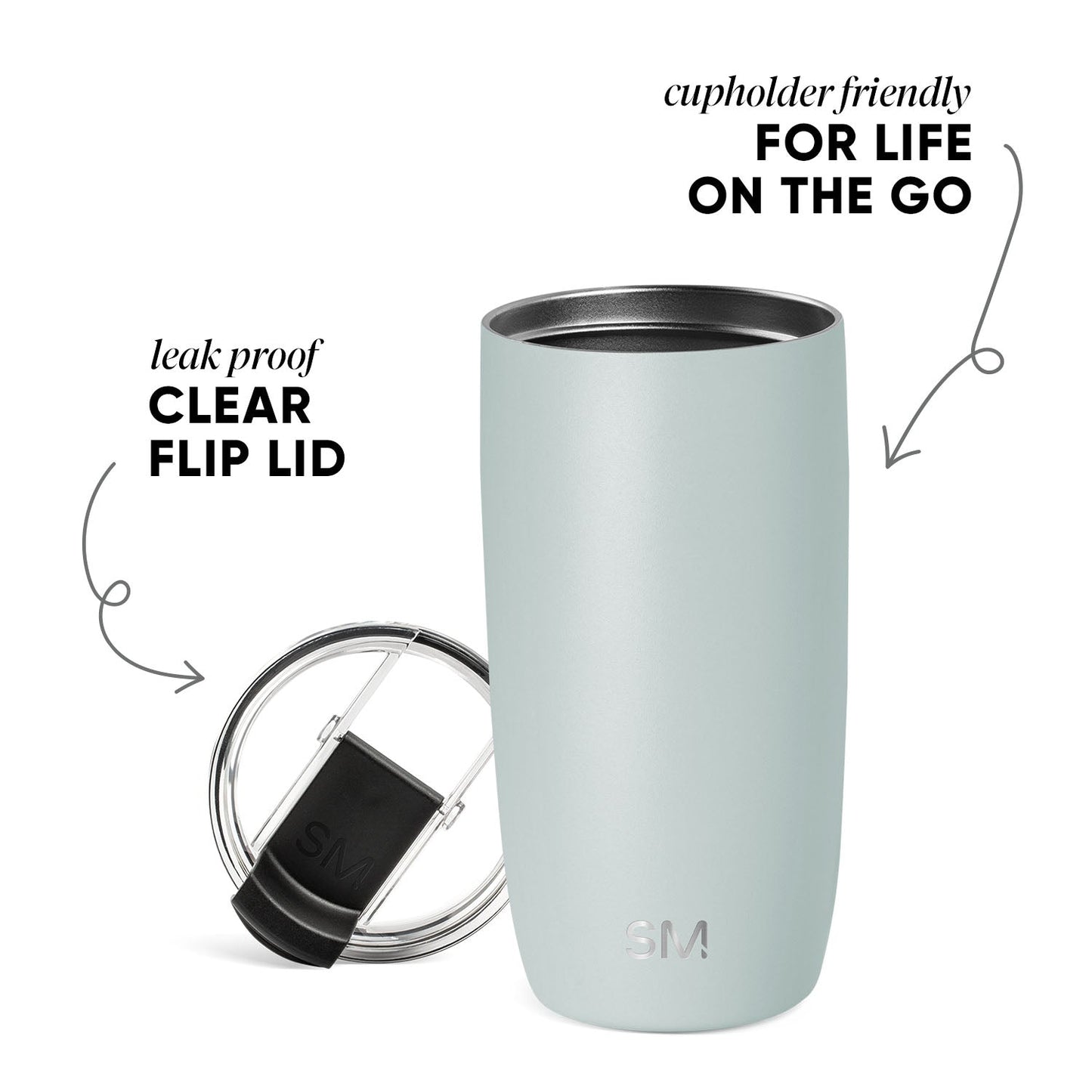 Sage green cylindrical tumbler with black and charcoal gray flip lid
